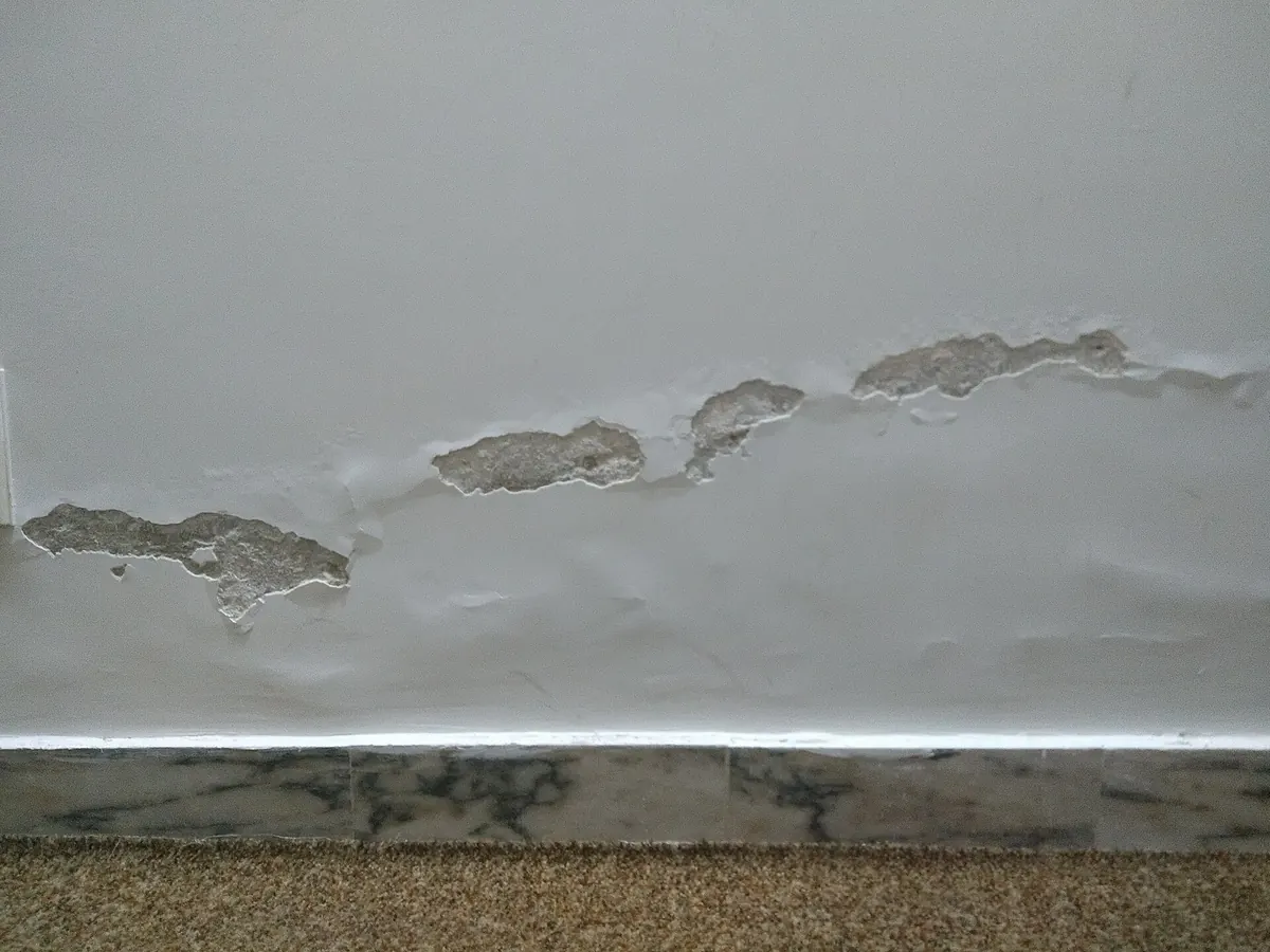 White wall with bubbling and peeling paint above a stone baseboard